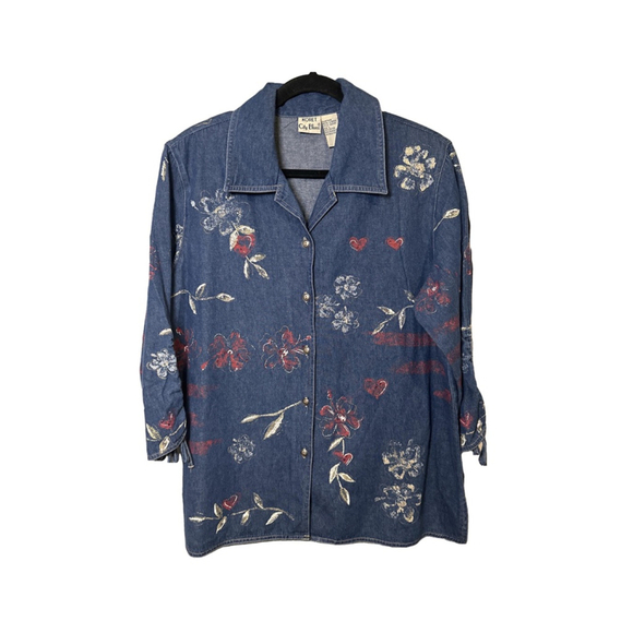 Koret Tops - KORET CITY BLUES Size L Printed and Sequined Denim Button-Up Shirt